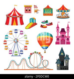 Amusement park colorful objects set of extreme attractions circus tent ticket and food stalls isolated vector illustration Stock Vector