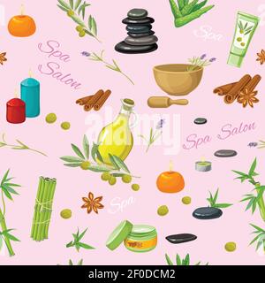 Spa salon seamless pattern with lavender flowers olives spices candles pebbles on pale pink background vector illustration Stock Vector