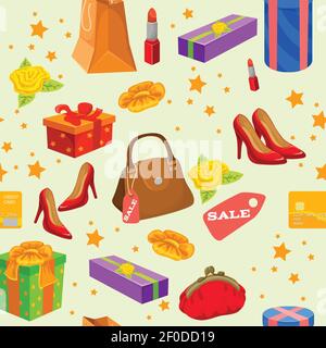 Shopping seamless pattern with female goods gift boxes flowers and stars on light green background vector illustration Stock Vector