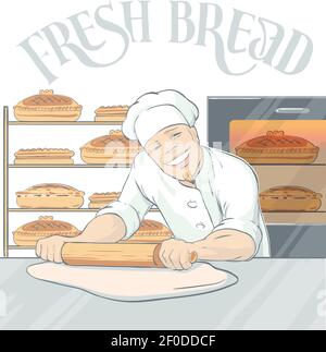 Flat cartoon style background with smiling baker character rolling out pastry in bakehouse with finished fresh bread vector illustration Stock Vector