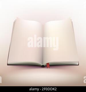 Blank open hardcover notebook 3d design with red bookmark on warm light background vector illustration Stock Vector