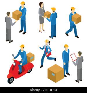 Delivery isometric characters set with couriers in uniform and transfers of cartons to businesspersons isolated vector illustration Stock Vector