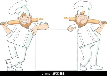 Flat cartoon composition with two brothers bakers in uniform with rolling pins leaning on empty square object vector illustration Stock Vector