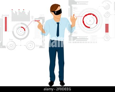 Flat composition with male businessman character working on two interactive screens with user interface blank background vector illustration Stock Vector