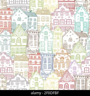 Hand drawn houses seamless pattern with old european standing close buildings of different architecture vector illustration Stock Vector