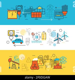 Three horizontal colored energy Sources line banner set with different types of power vector illustration Stock Vector