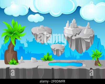 Grey land game design with stone ground and lake islands in cloudy sky green leaves vector illustration Stock Vector