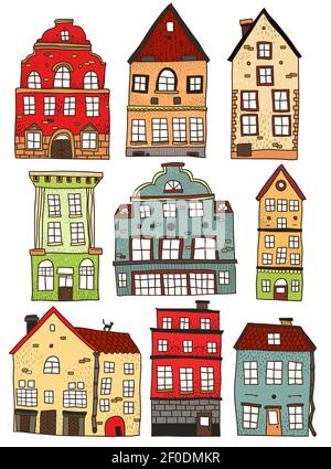Set of hand drawn colored buildings  with columns arched windows roofs of different shape isolated vector illustration Stock Vector
