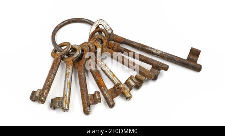 bunch of old rusty keys on white background Stock Photo