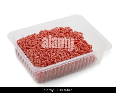 raw fresh beef minced meat in plastic container on white background Stock Photo