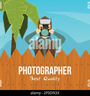 Flat colorful background with male photographer character taking photo behind the fence with editable text vector illustration Stock Vector
