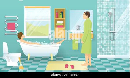 People at bathroom design in blue color with woman in bathtub and man near sink vector illustration Stock Vector