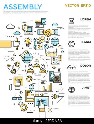 Assembly vertical infographic with working process in linear style and texts around vector illustration Stock Vector
