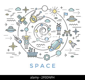 Space line art with big swirl on which satellites and flying objects are moving in the universe vector illustration Stock Vector