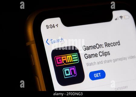 GameOn by Amazon, a new short-form gameplay footage app made just for mobile gamers is seen in the App Store on an iPhone on March 6, 2021. Stock Photo