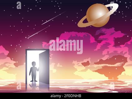 Silhouette design of boy is opening dimensional gate,vector illustration Stock Vector