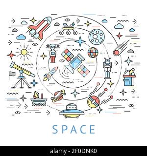 Space line round composition with big circle and cosmic icon set flying around vector illustration Stock Vector