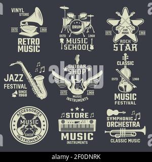 Music school and shops monochrome emblems with wind and string instruments on black background isolated vector illustration Stock Vector