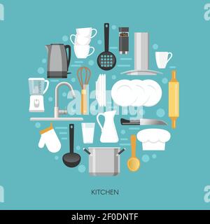 Kitchen round composition with household appliances faucet crockery and utensils on blue background vector illustration Stock Vector