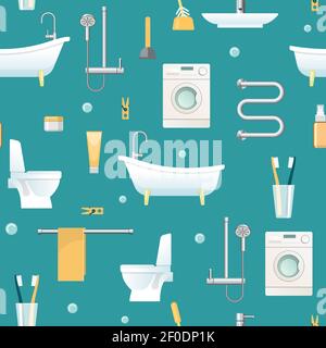 Bathroom seamless pattern with domestic appliances and sanitary equipment hygiene objects on blue background vector illustration Stock Vector