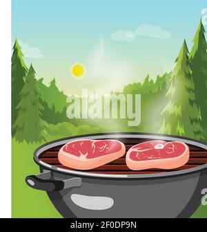 Bbq conceptual background with forest landscape and barbecue grill with raw meat and smoke flat vector illustration Stock Vector