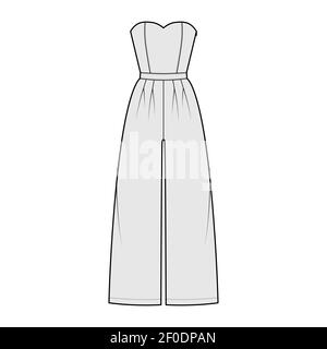 Strapless jumpsuit overall technical fashion illustration with full length, normal waist, high rise, double pleats. Flat apparel garment front, grey color style. Women, men unisex CAD mockup Stock Vector
