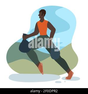 Plogging. Environmental movement. Healthy lifestyle. African man jogging with a garbage bag in park. Physical activity and care for the environment. M Stock Vector