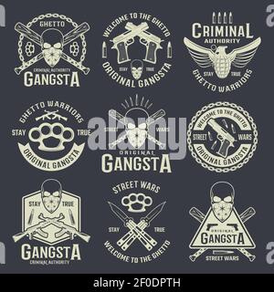 Criminal authority monochrome emblems with gangster skull and different weapon on black background isolated vector illustration Stock Vector