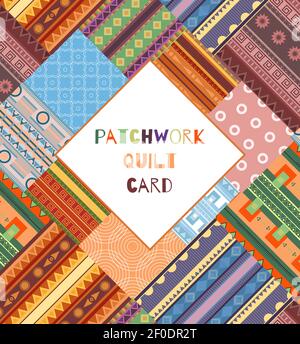 Square card of cozy tribal patchwork blanket and place for text. Geometric ethnic pattern. Banner with fabric pattern. Greeting card with pieces of de Stock Vector