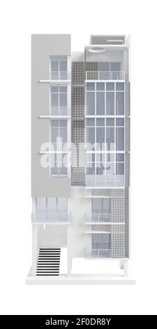 narrow modern six story building isolated on white. 3d rendering Stock Photo