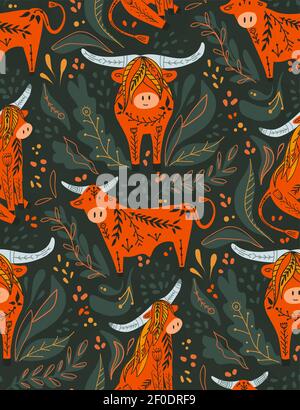 Seamless pattern with cute cartoon bulls and bison with folk pattern on green background. Oriental New Year symbol with floral pattern. Cattle with tr Stock Vector