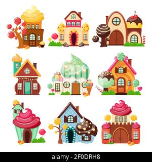 Nine isolated decorative icons set with colorful houses made of sweets and candy on blank background vector illustration Stock Vector