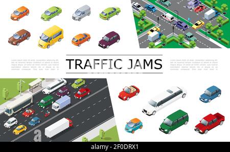 Isometric traffic jam concept with urban transport moving on road automobiles of different types and models vector illustration Stock Vector