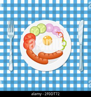 Fried eggs and sausages on a white plate. Stock Vector
