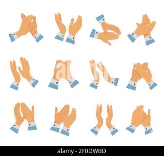 Clapping hands flat icon set isolated and colored different types and gestures with shirt cuffs vector illustration Stock Vector