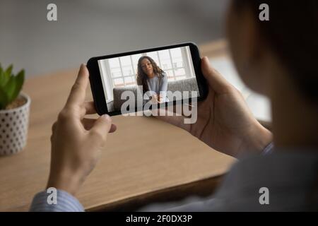 Woman have webcam virtual talk on smartphone Stock Photo
