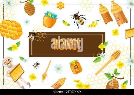 Frame with honey flowers and bees. Cartoon vector illustration Stock ...
