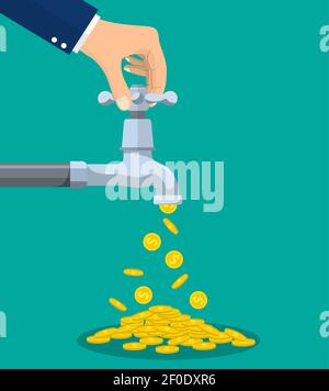 Golden coins fall out of the metal tap Stock Vector