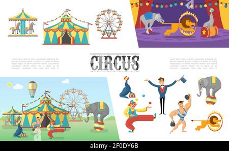 Flat carnival circus elements set with tent carousels strongman clown juggling balls illusionist elephant lion seal performing different tricks vector Stock Vector