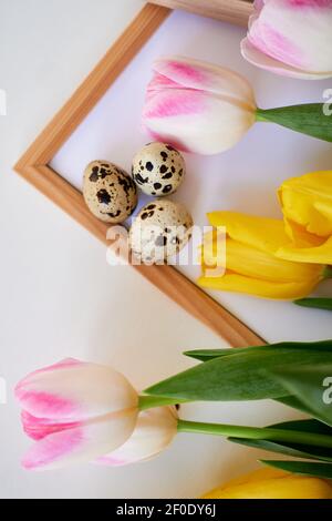 bouquet of spring tulips and easter eggs Festive spring concept Stock Photo