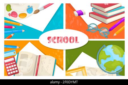 Flat back to school concept with colorful pencils painting palette calculator ruler book globe scissors eraser pen vector illustration Stock Vector