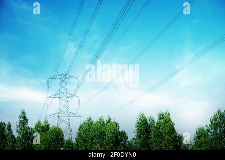 High voltage transmission towers line Stock Photo