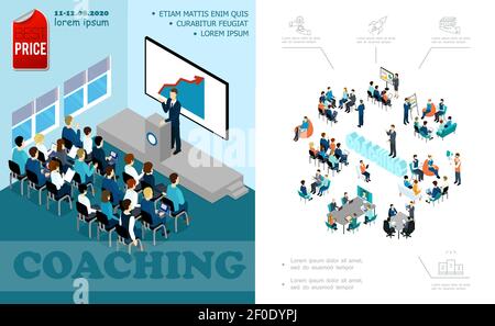 Isometric business education composition with lecturer speaking to auditorium brainstorming staff coaching seminar online conference vector illustrati Stock Vector