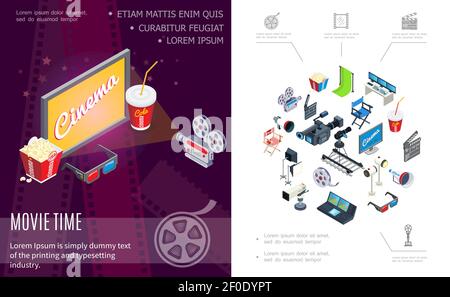 Isometric movie time composition with cameras screen soda popcorn 3d glasses hromakey clapperboard director chair film reel megaphone projectors audio Stock Vector