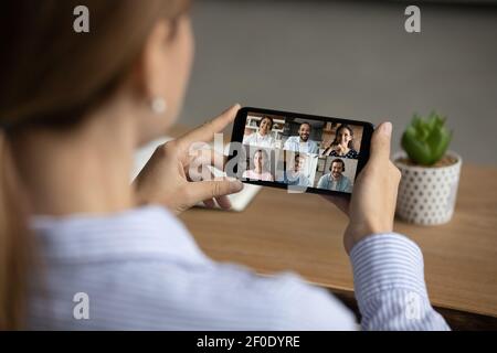 Woman have online webcam virtual meeting on smartphone Stock Photo