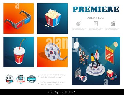Isometric cinema infographic concept with 3d glasses popcorn soda film reel movie director actors megaphone clapper board vector illustration Stock Vector