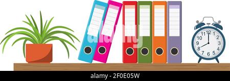 Wooden shelf with binder folders and flowerpot Stock Vector