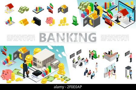 Isometric banking elements set with money payment cards safe case coins gold bars atm machine bank workers and clients in different situations vector Stock Vector