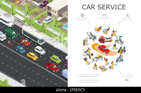 Car service and traffic jam composition with workers repair and fix automobiles and vehicles moving on road in isometric style vector illustration Stock Vector