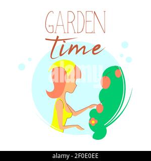 Woman gardener with a cart and flowers. Female character in a garden growing plants. Gardening together planting flowers in the garden. Farmer girl Stock Vector